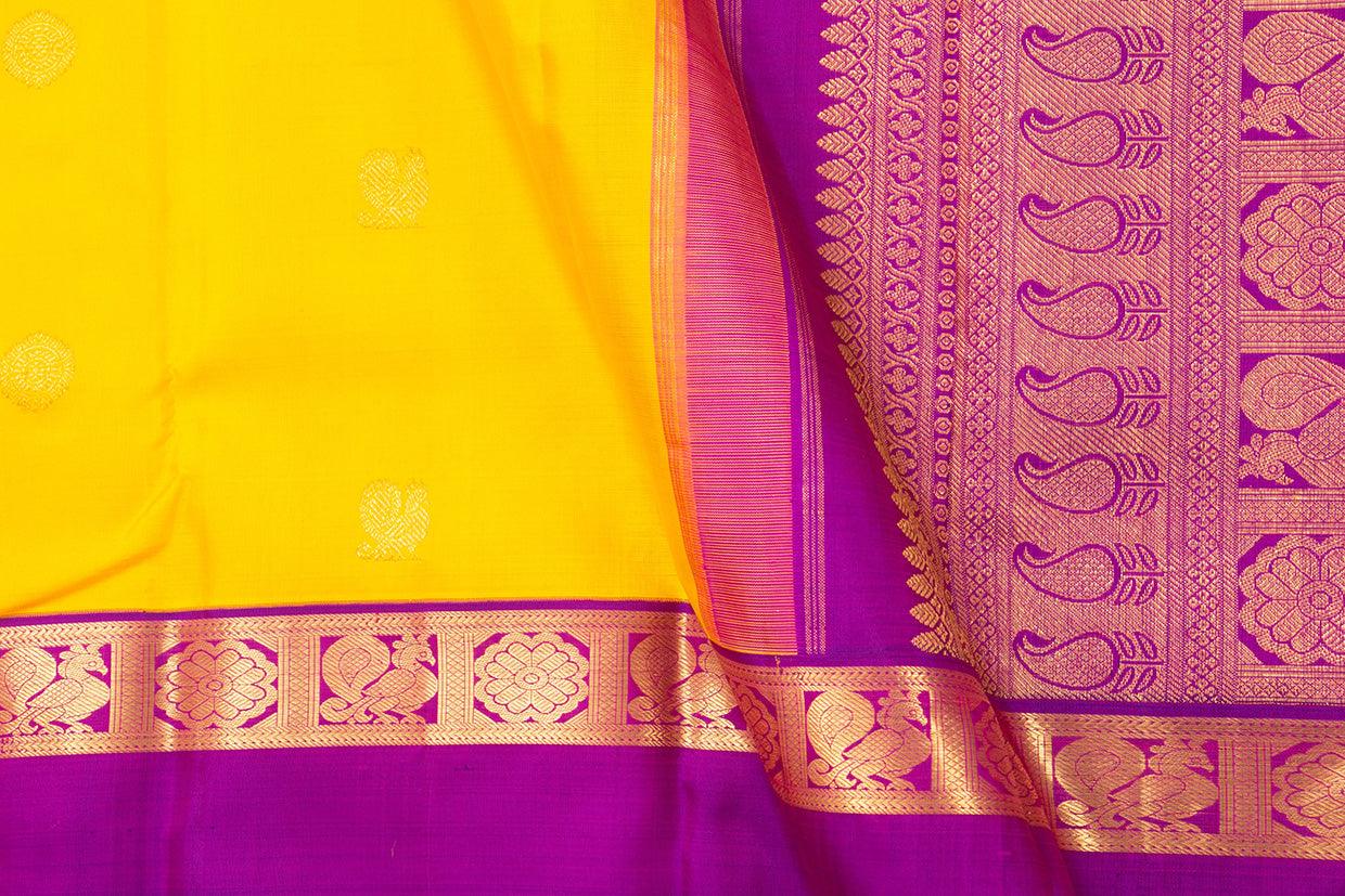 Yellow And Magenta Kanchipuram Silk Saree With Medium Border Handwoven Pure Silk For Festive Wear PV NYC 995 - Silk Sari - Panjavarnam
