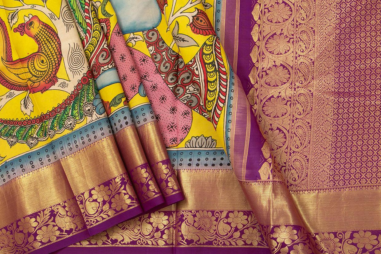 Yellow And Magenta Medium Border Handpainted Kalamkari Kanchipuram Silk Saree Krishna Leela Theme Pure Zari PV SRK KK 105 - Kalamkari Silk - Panjavarnam PV SRK KK 105