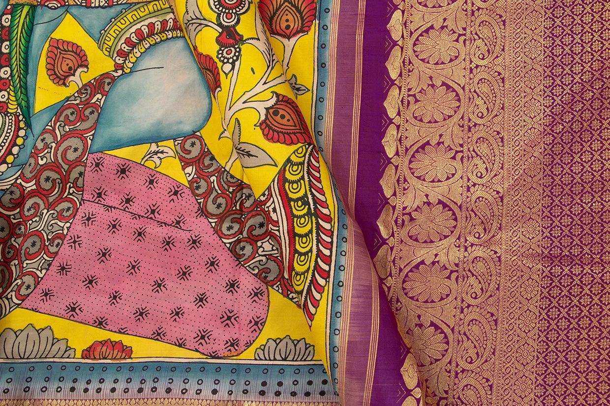 Yellow And Magenta Medium Border Handpainted Kalamkari Kanchipuram Silk Saree Krishna Leela Theme Pure Zari PV SRK KK 105 - Kalamkari Silk - Panjavarnam PV SRK KK 105