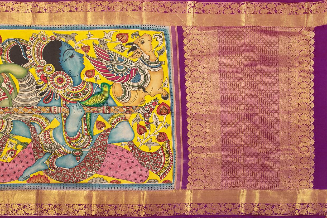 Yellow And Magenta Medium Border Handpainted Kalamkari Kanchipuram Silk Saree Krishna Leela Theme Pure Zari PV SRK KK 105 - Kalamkari Silk - Panjavarnam PV SRK KK 105