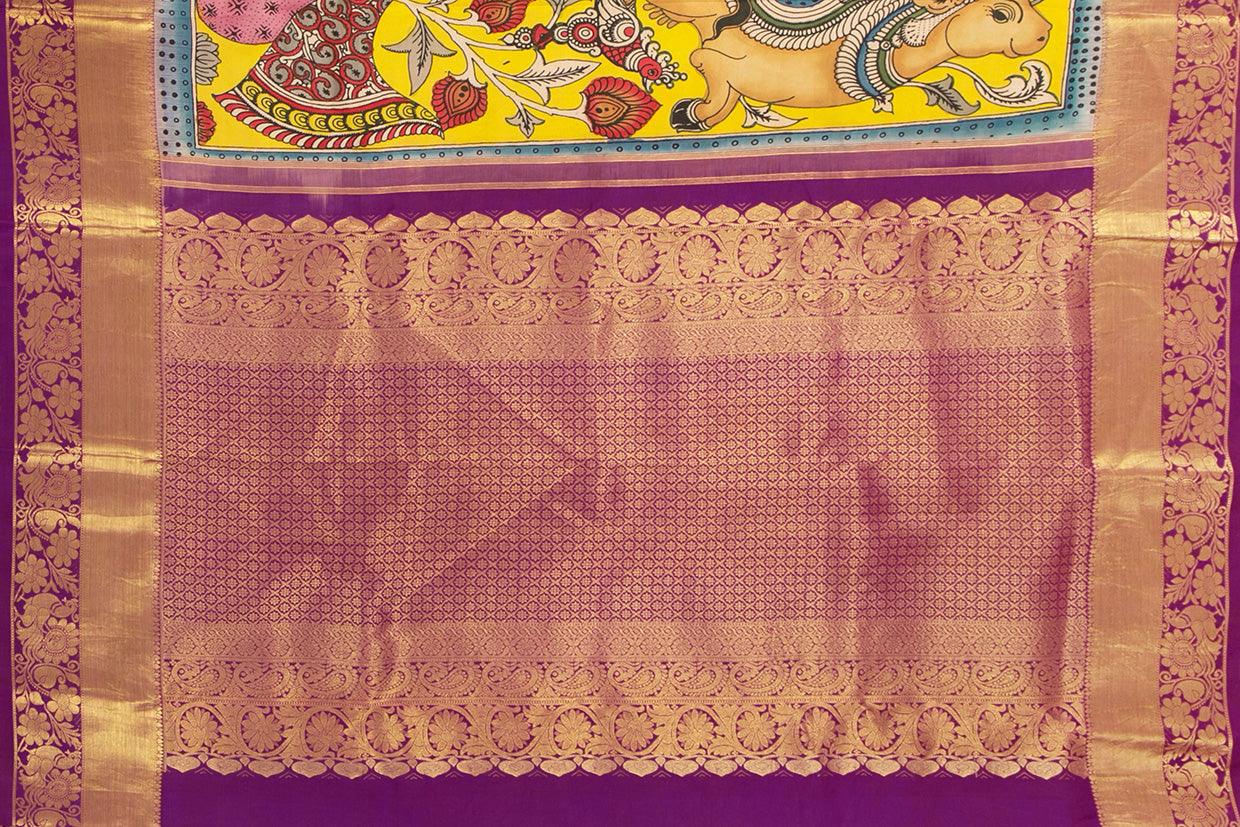 Yellow And Magenta Medium Border Handpainted Kalamkari Kanchipuram Silk Saree Krishna Leela Theme Pure Zari PV SRK KK 105 - Kalamkari Silk - Panjavarnam PV SRK KK 105