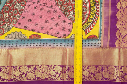 Yellow And Magenta Medium Border Handpainted Kalamkari Kanchipuram Silk Saree Krishna Leela Theme Pure Zari PV SRK KK 105 - Kalamkari Silk - Panjavarnam PV SRK KK 105