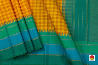 Yellow And Orange Checks Kanchipuram Silk Saree With Temple Korvai Border Handwoven Pure Silk Pure Zari For Wedding Wear PV NYC 704 - Silk Sari - Panjavarnam PV NYC 704