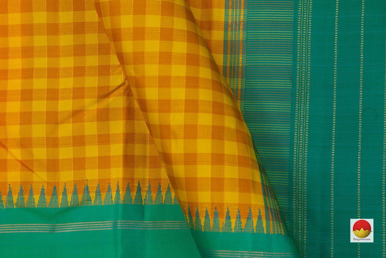 Yellow And Orange Checks Kanchipuram Silk Saree With Temple Korvai Border Handwoven Pure Silk Pure Zari For Wedding Wear PV NYC 704 - Silk Sari - Panjavarnam PV NYC 704