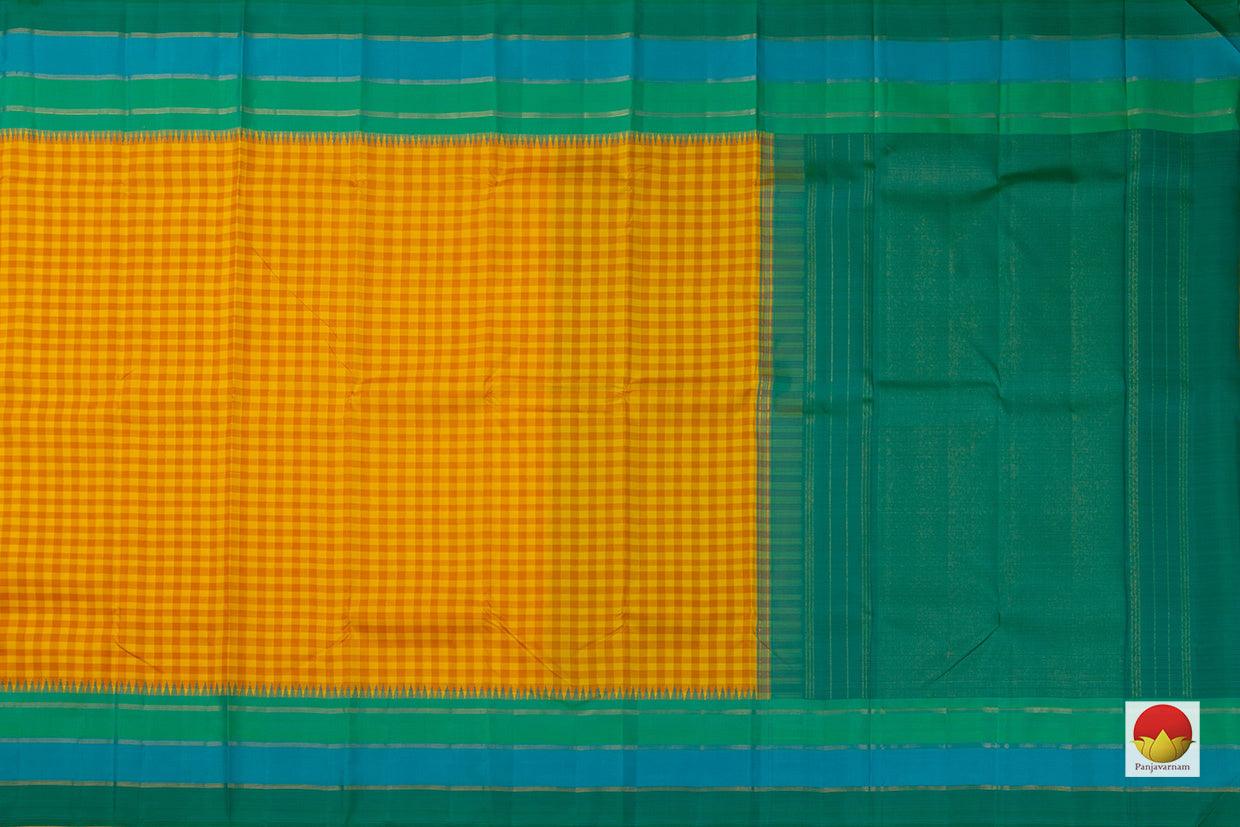 Yellow And Orange Checks Kanchipuram Silk Saree With Temple Korvai Border Handwoven Pure Silk Pure Zari For Wedding Wear PV NYC 704 - Silk Sari - Panjavarnam PV NYC 704