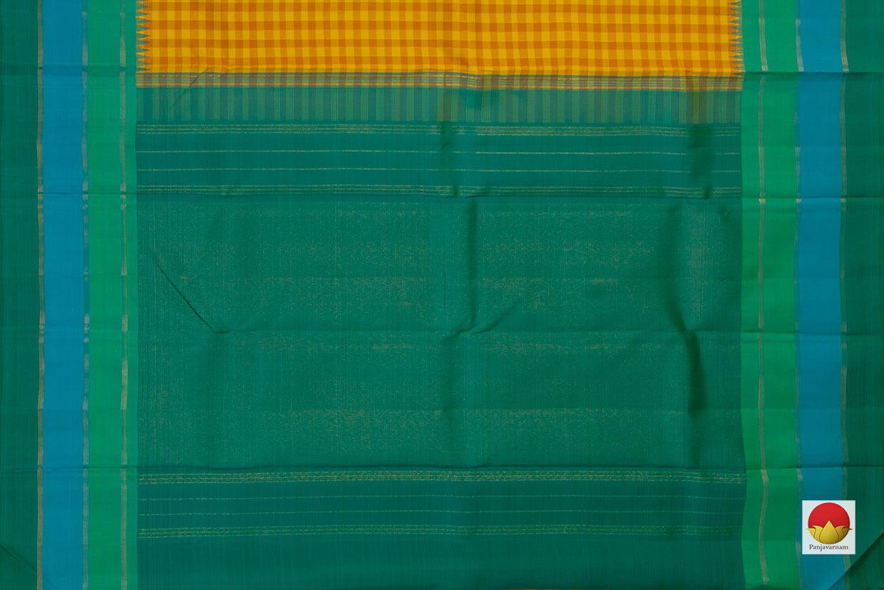 Yellow And Orange Checks Kanchipuram Silk Saree With Temple Korvai Border Handwoven Pure Silk Pure Zari For Wedding Wear PV NYC 704 - Silk Sari - Panjavarnam PV NYC 704