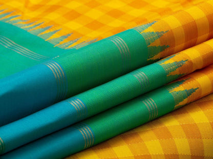 Yellow And Orange Checks Kanchipuram Silk Saree With Temple Korvai Border Handwoven Pure Silk Pure Zari For Wedding Wear PV NYC 704 - Silk Sari - Panjavarnam PV NYC 704