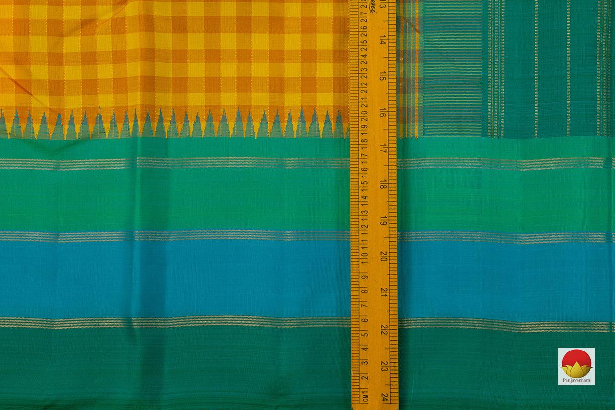 Yellow And Orange Checks Kanchipuram Silk Saree With Temple Korvai Border Handwoven Pure Silk Pure Zari For Wedding Wear PV NYC 704 - Silk Sari - Panjavarnam PV NYC 704