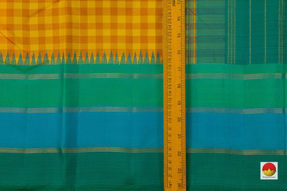 Yellow And Orange Checks Kanchipuram Silk Saree With Temple Korvai Border Handwoven Pure Silk Pure Zari For Wedding Wear PV NYC 704 - Silk Sari - Panjavarnam PV NYC 704