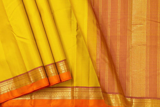 Yellow And Orange Kanchipuram Silk Saree With Short Border Handwoven Pure Silk For Festive Wear PV J 356 - Silk Sari - Panjavarnam
