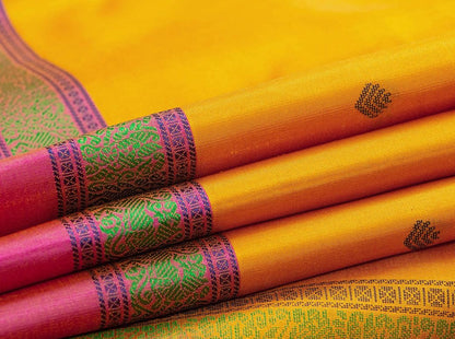 Yellow And Pink Kanchipuram Silk Saree Handwoven Pure Silk No Zari For Festive Wear PV RM NZ 435 - Silk Sari - Panjavarnam PV RM NZ 435