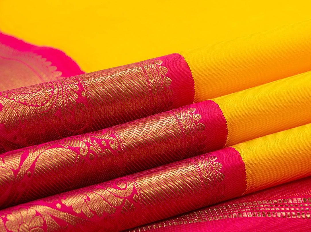 Yellow And Pink Kanchipuram Silk Saree Handwoven Pure Silk Pure Zari For Wedding Wear PV NYC 799 - Silk Sari - Panjavarnam PV NYC 799