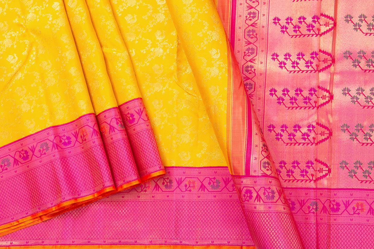 Yellow And Pink Kanchipuram Silk Saree With Paithani Style Korvai Contrast Border Handwoven Pure Silk For Wedding Wear PV NYC 1064 - Silk Sari - Panjavarnam PV NYC 1064