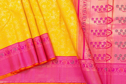 Yellow And Pink Kanchipuram Silk Saree With Paithani Style Korvai Contrast Border Handwoven Pure Silk For Wedding Wear PV NYC 1064 - Silk Sari - Panjavarnam PV NYC 1064