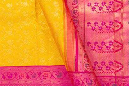 Yellow And Pink Kanchipuram Silk Saree With Paithani Style Korvai Contrast Border Handwoven Pure Silk For Wedding Wear PV NYC 1064 - Silk Sari - Panjavarnam PV NYC 1064