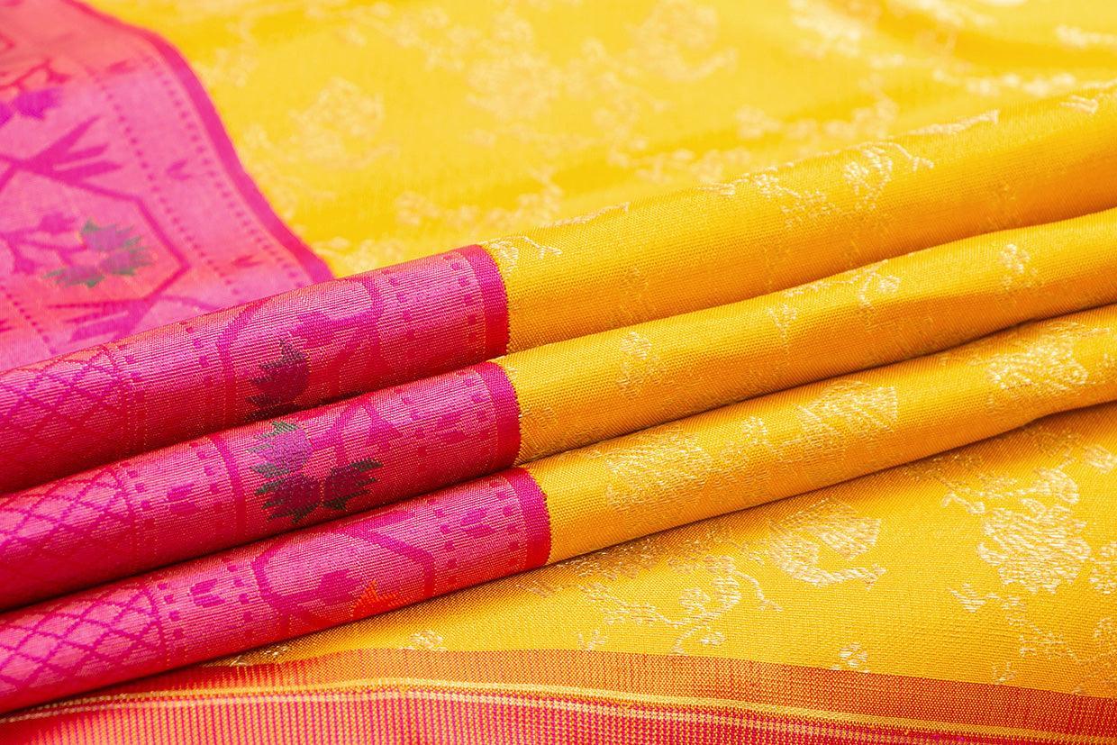 Yellow And Pink Kanchipuram Silk Saree With Paithani Style Korvai