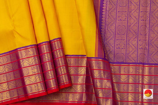 Yellow And Purple Kanchipuram Silk Saree With Korvai Contrast Border Handwoven Pure Silk Pure Zari PV NYC 626 - Silk Sari - Panjavarnam