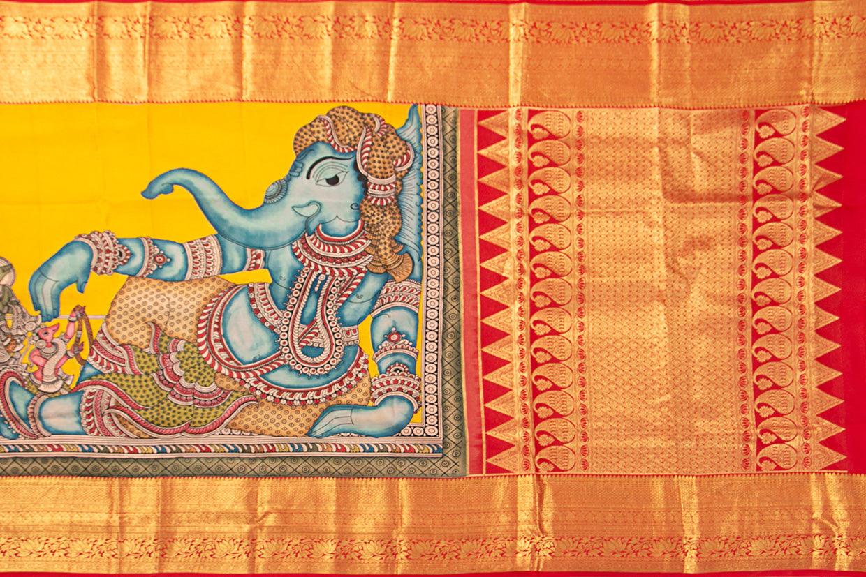 Yellow And Red Handpainted Kalamkari Kanchipuram Silk Saree Ganesha Theme Pure Zari PV SRK KK 103 - Kalamkari Silk - Panjavarnam