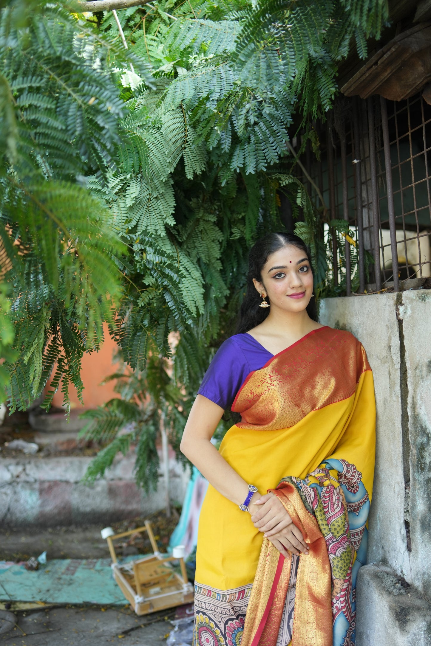 Yellow And Red Handpainted Kalamkari Kanchipuram Silk Saree Ganesha Theme Pure Zari PV SRK KK 103 - Kalamkari Silk - Panjavarnam PV SRK KK 103