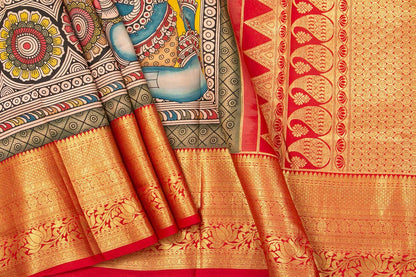 Yellow And Red Handpainted Kalamkari Kanchipuram Silk Saree Ganesha Theme Pure Zari PV SRK KK 103 - Kalamkari Silk - Panjavarnam PV SRK KK 103