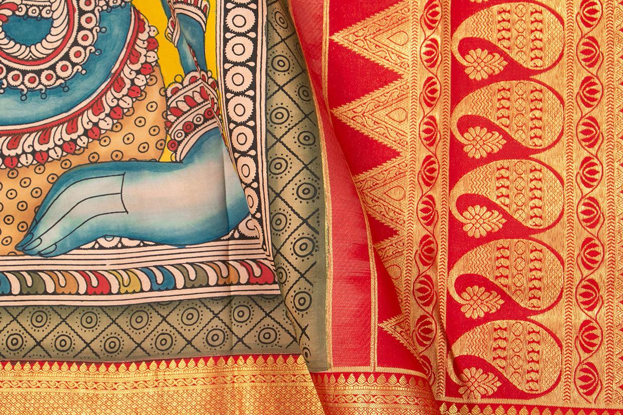 Yellow And Red Handpainted Kalamkari Kanchipuram Silk Saree Ganesha Theme Pure Zari PV SRK KK 103 - Kalamkari Silk - Panjavarnam PV SRK KK 103