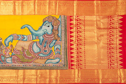 Yellow And Red Handpainted Kalamkari Kanchipuram Silk Saree Ganesha Theme Pure Zari PV SRK KK 103 - Kalamkari Silk - Panjavarnam PV SRK KK 103