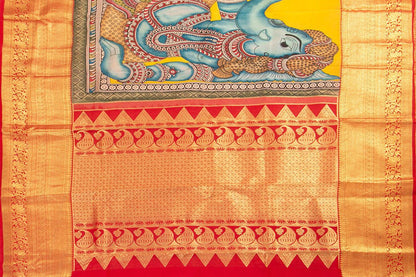 Yellow And Red Handpainted Kalamkari Kanchipuram Silk Saree Ganesha Theme Pure Zari PV SRK KK 103 - Kalamkari Silk - Panjavarnam PV SRK KK 103