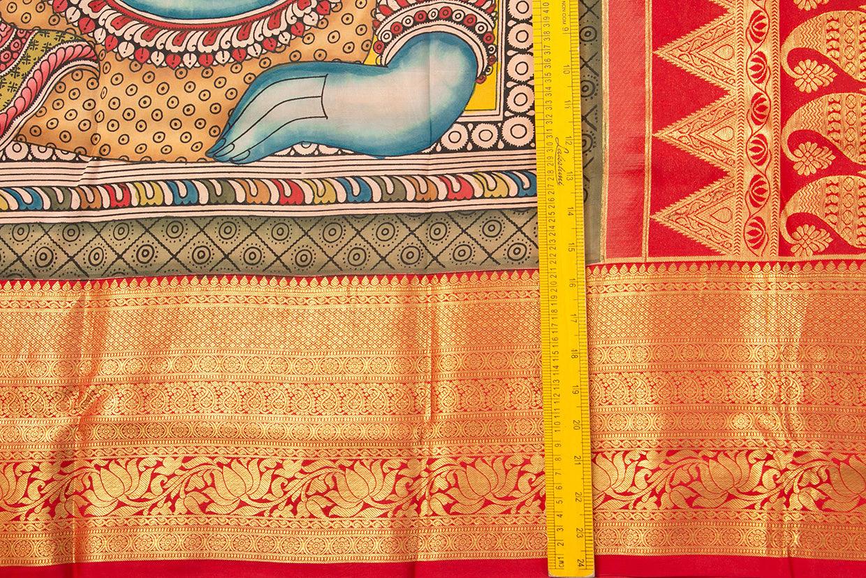 Yellow And Red Handpainted Kalamkari Kanchipuram Silk Saree Ganesha Theme Pure Zari PV SRK KK 103 - Kalamkari Silk - Panjavarnam PV SRK KK 103