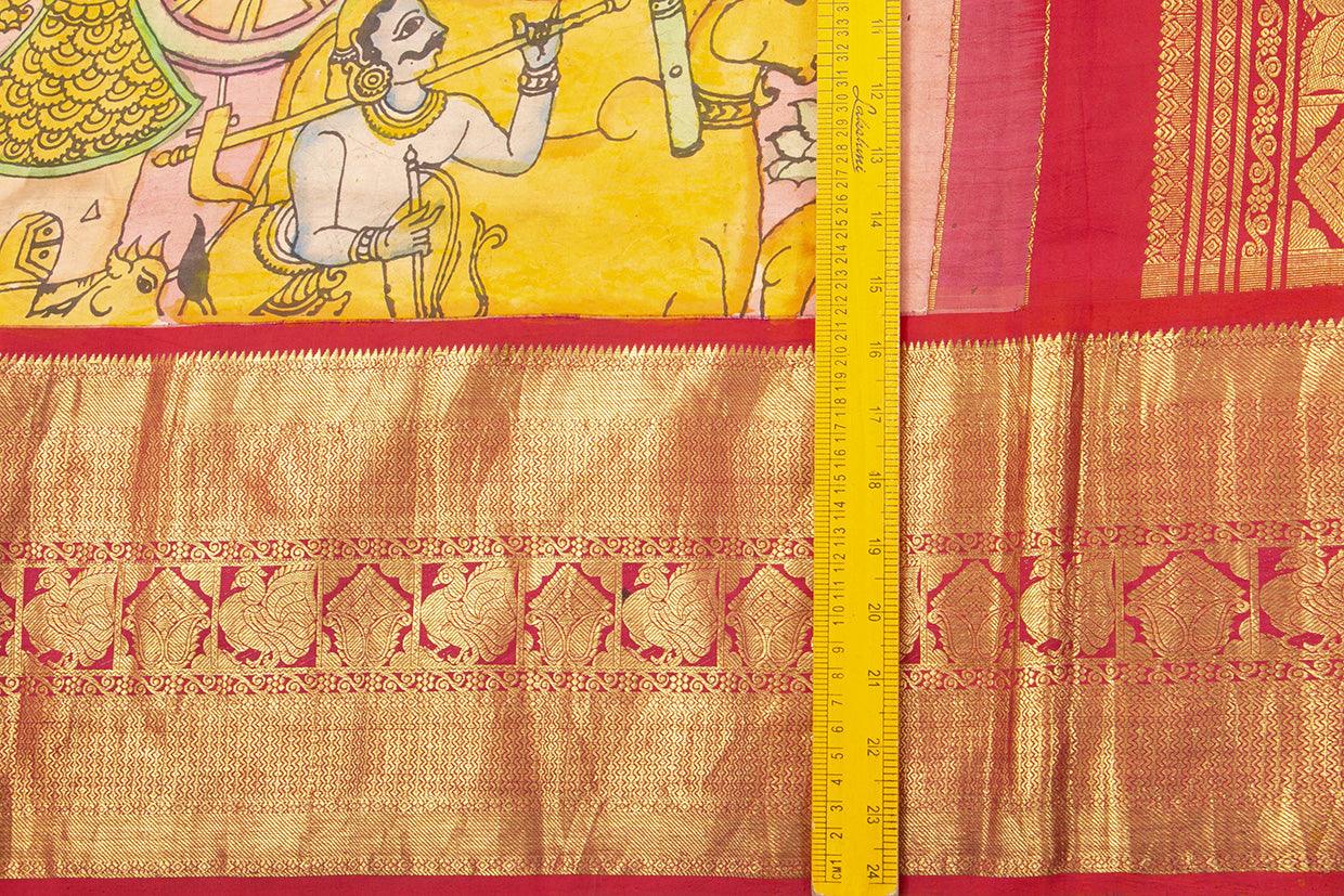 Yellow And Red Handpainted Kalamkari Kanchipuram Silk Saree VillageTheme Pure Zari PV VSR KK 102 - Kalamkari Silk - Panjavarnam