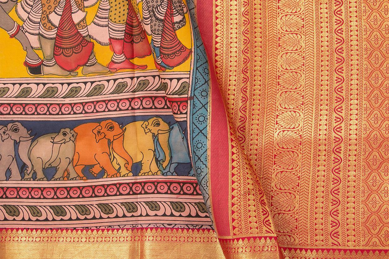Yellow And Red Handpainted Kalamkari Kanchipuram Silk Saree WeddingTheme Pure Zari PV SRK KK 101 - Kalamkari Silk - Panjavarnam