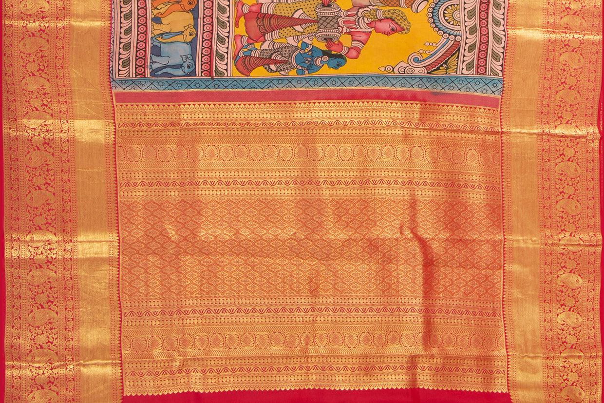 Yellow And Red Handpainted Kalamkari Kanchipuram Silk Saree WeddingTheme Pure Zari PV SRK KK 101 - Kalamkari Silk - Panjavarnam