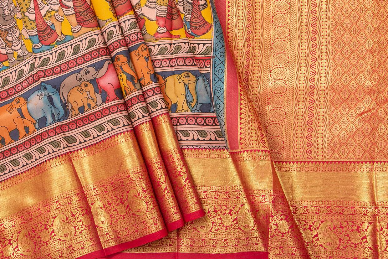 Yellow And Red Handpainted Kalamkari Kanchipuram Silk Saree WeddingTheme Pure Zari PV SRK KK 101 - Kalamkari Silk - Panjavarnam PV SRK KK 101