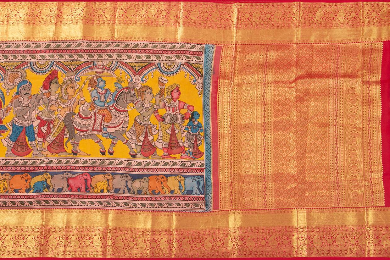 Yellow And Red Handpainted Kalamkari Kanchipuram Silk Saree WeddingTheme Pure Zari PV SRK KK 101 - Kalamkari Silk - Panjavarnam PV SRK KK 101