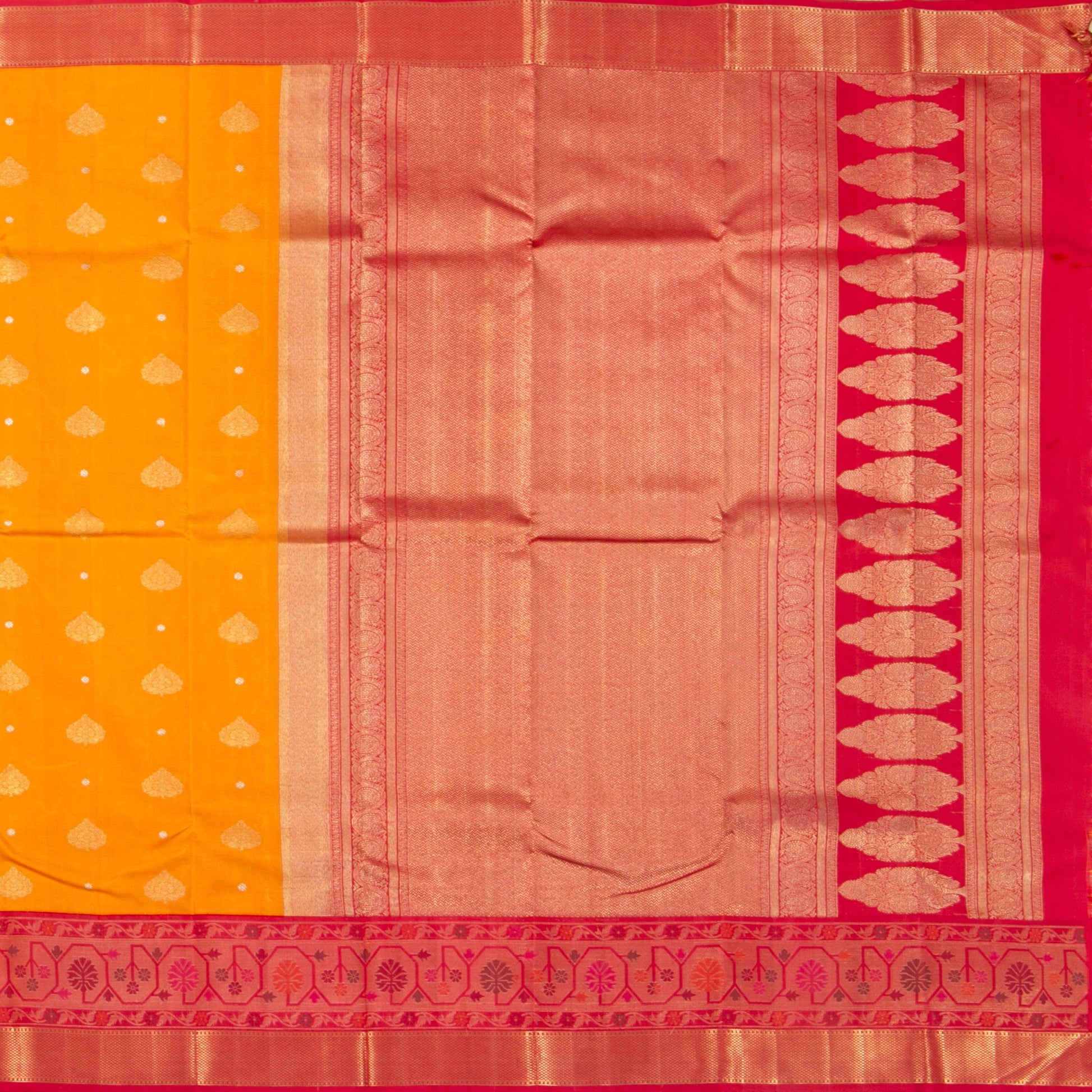 Yellow And Red Kanchipuram Silk Saree Paithani Style Border For Bridal Wear PV NYC 1377 - Silk Sari - Panjavarnam PV NYC 1377