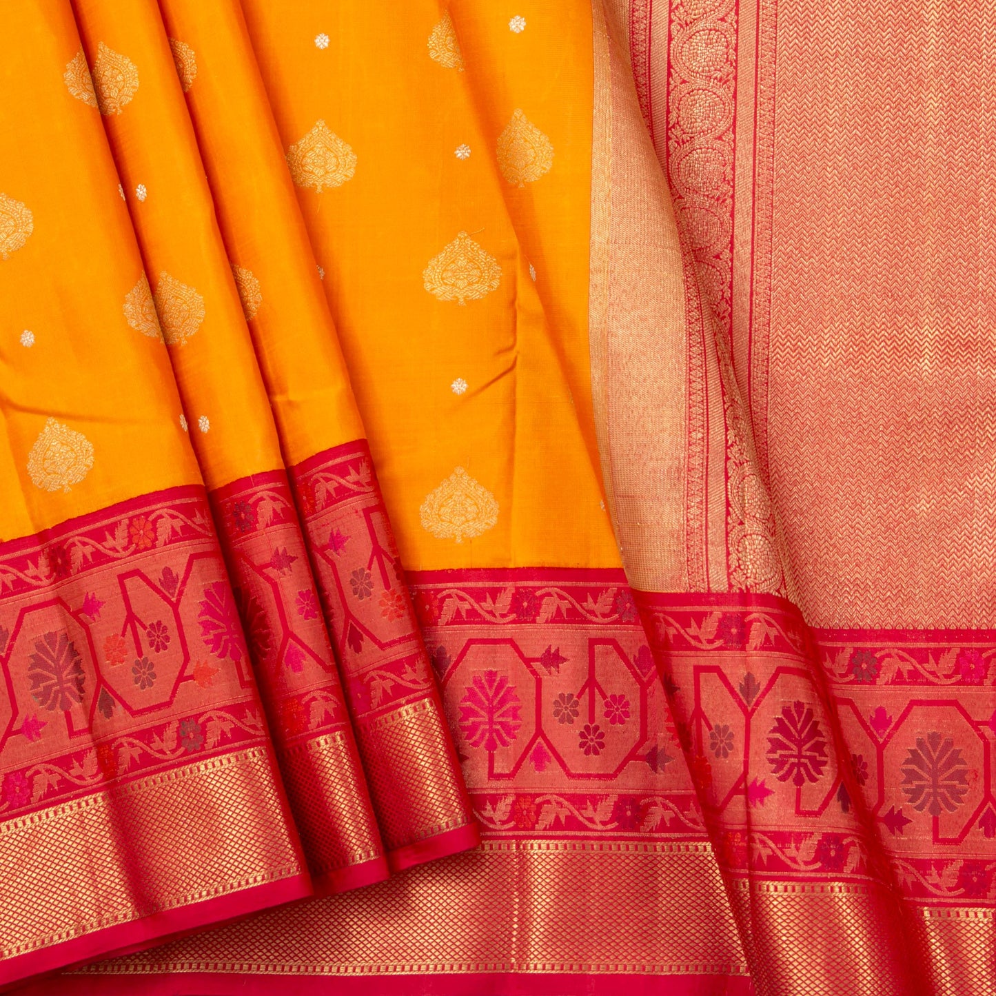 Yellow And Red Kanchipuram Silk Saree Paithani Style Border For Bridal Wear PV NYC 1377 - Silk Sari - Panjavarnam PV NYC 1377