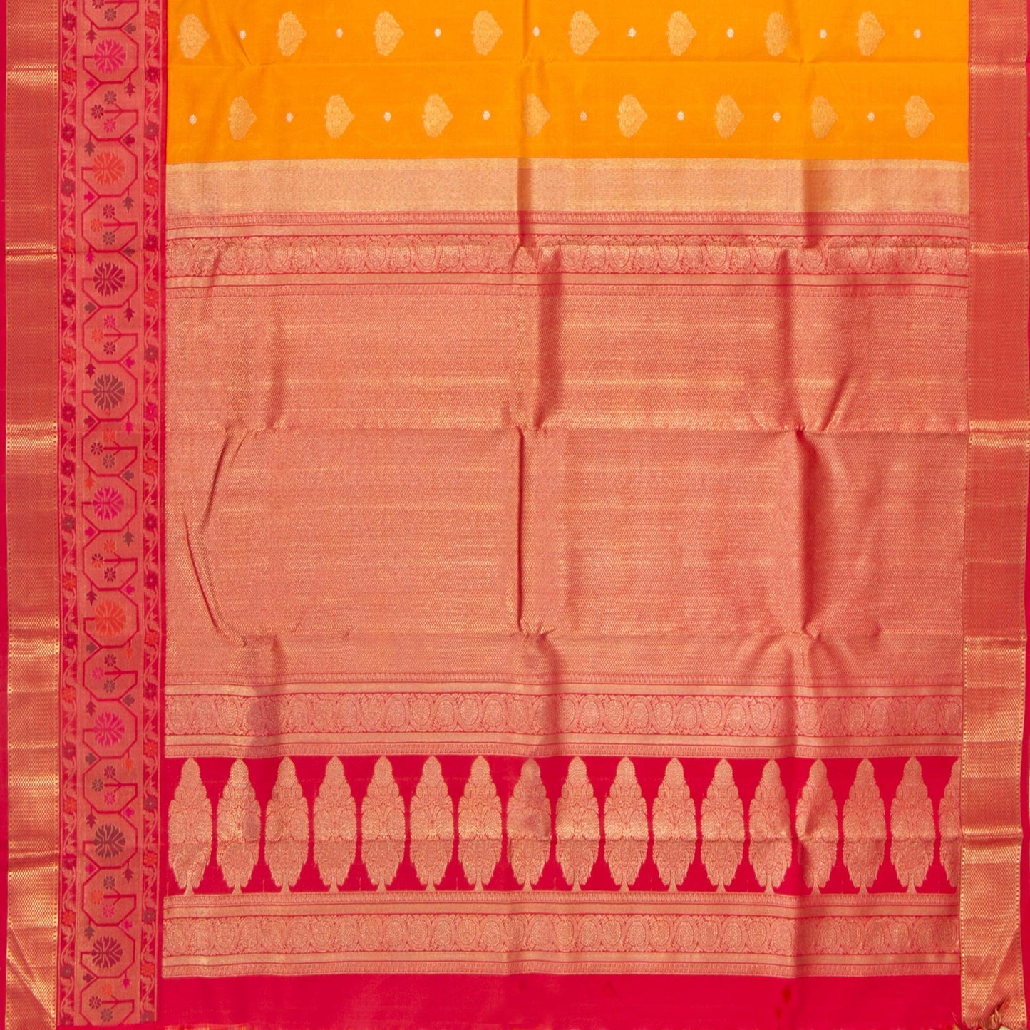 Yellow And Red Kanchipuram Silk Saree Paithani Style Border For Bridal Wear PV NYC 1377 - Silk Sari - Panjavarnam PV NYC 1377