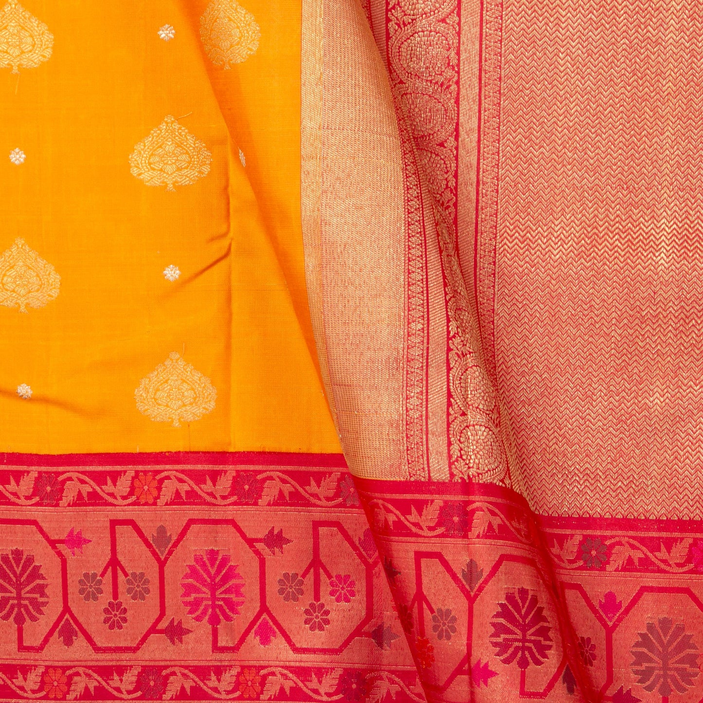 Yellow And Red Kanchipuram Silk Saree Paithani Style Border For Bridal Wear PV NYC 1377 - Silk Sari - Panjavarnam PV NYC 1377