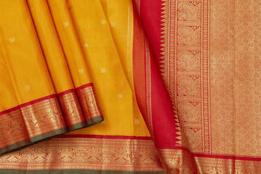 Yellow And Red Kanchipuram Silk Saree With Korvai Contrast Border Handwoven Pure Silk For Wedding Wear PV NYC 1093 - Silk Sari - Panjavarnam