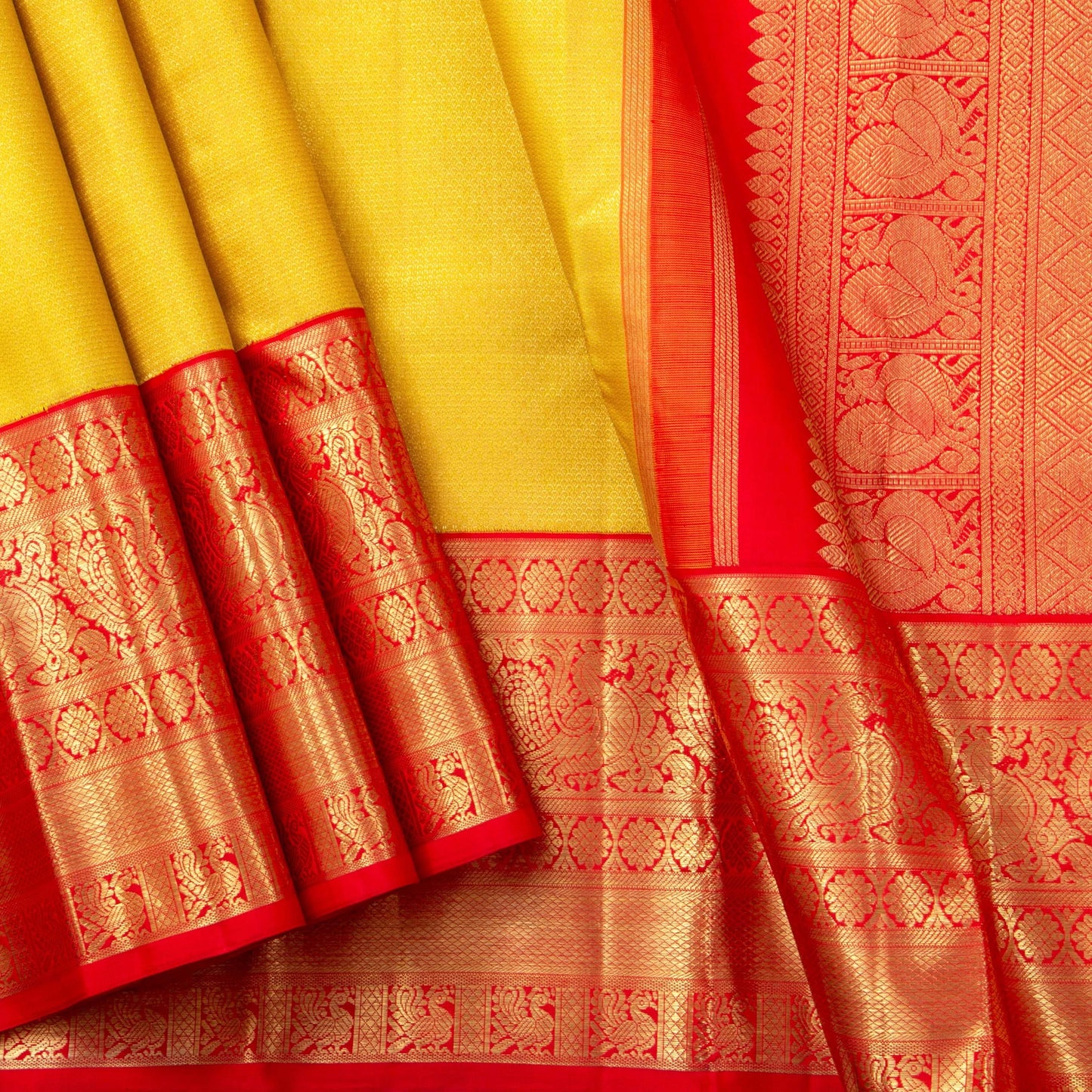 Yellow And Red Kanchipuram Silk Saree With Long Border Handwoven Pure Silk For Wedding Wear PV NYC 1138 - Silk Sari - Panjavarnam PV NYC 1138