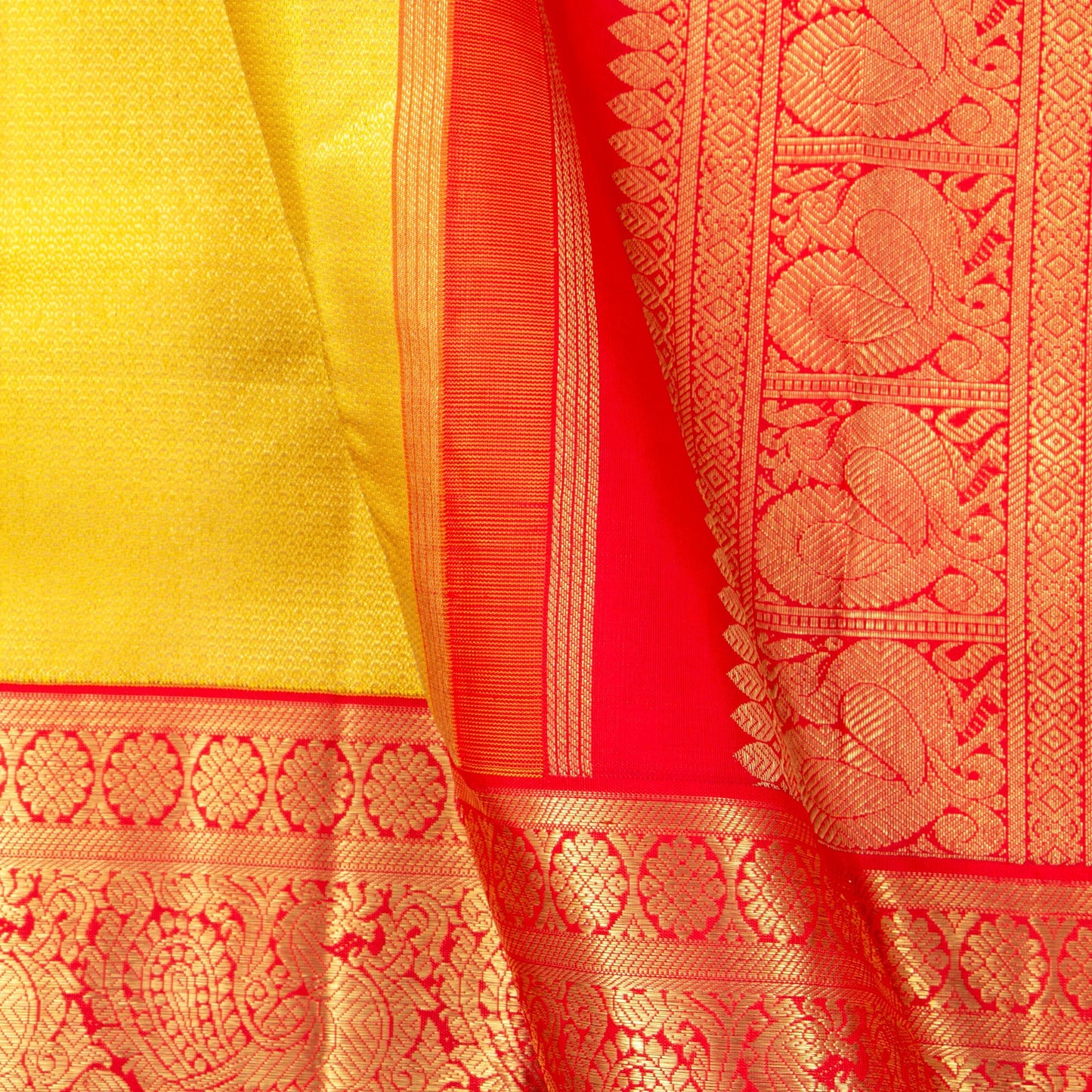 Yellow And Red Kanchipuram Silk Saree With Long Border Handwoven Pure Silk For Wedding Wear PV NYC 1138 - Silk Sari - Panjavarnam PV NYC 1138