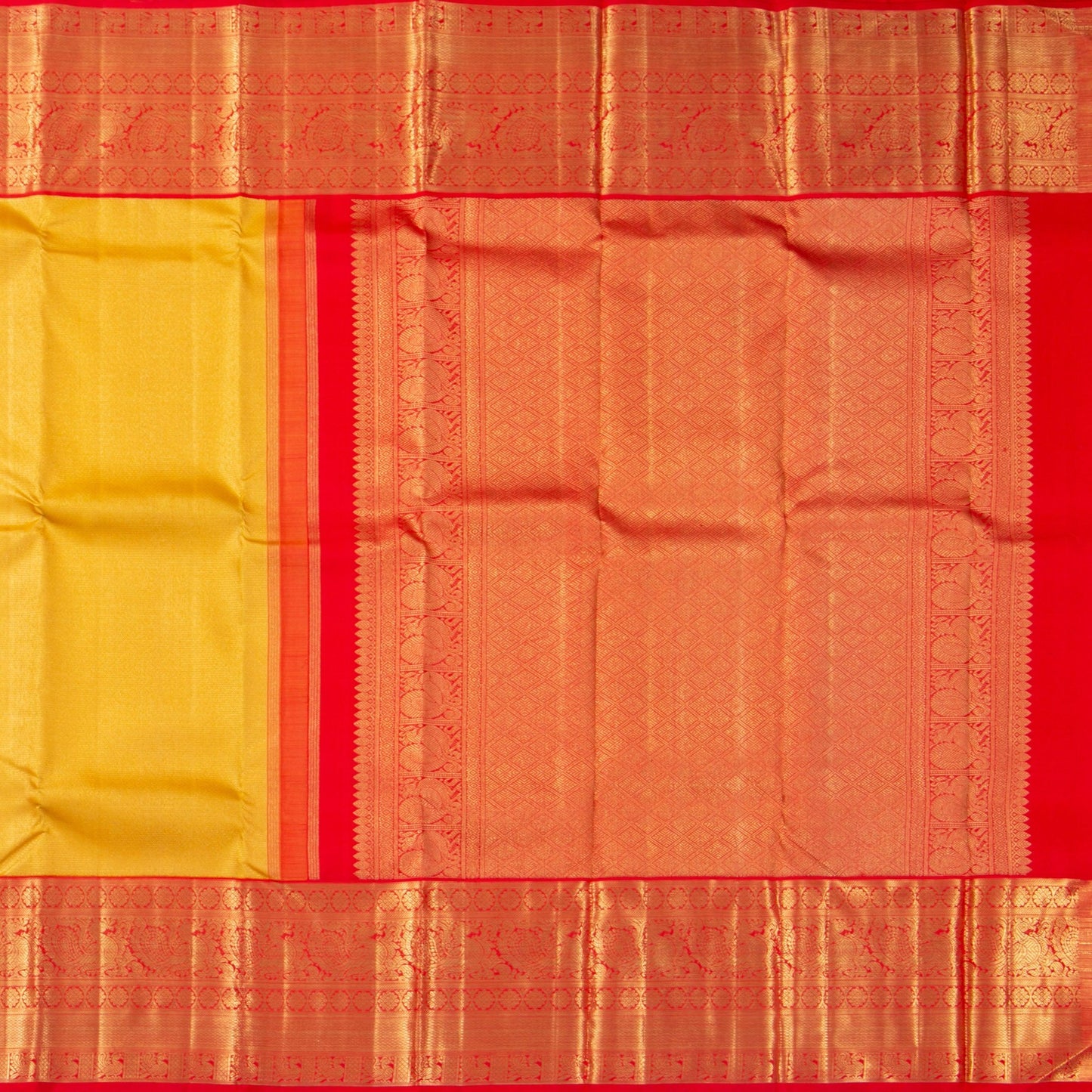 Yellow And Red Kanchipuram Silk Saree With Long Border Handwoven Pure Silk For Wedding Wear PV NYC 1138 - Silk Sari - Panjavarnam PV NYC 1138