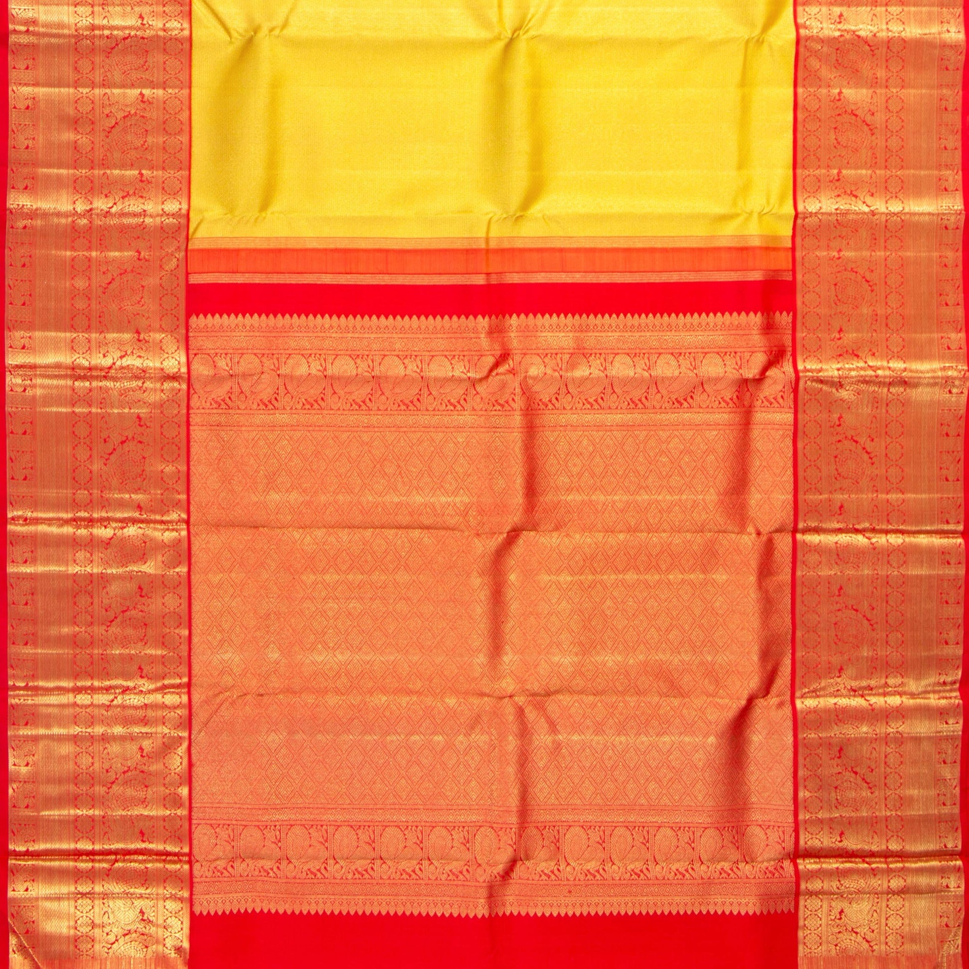 Yellow And Red Kanchipuram Silk Saree With Long Border Handwoven Pure Silk For Wedding Wear PV NYC 1138 - Silk Sari - Panjavarnam PV NYC 1138