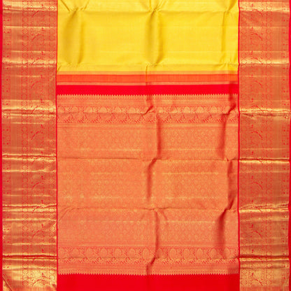 Yellow And Red Kanchipuram Silk Saree With Long Border Handwoven Pure Silk For Wedding Wear PV NYC 1138 - Silk Sari - Panjavarnam PV NYC 1138