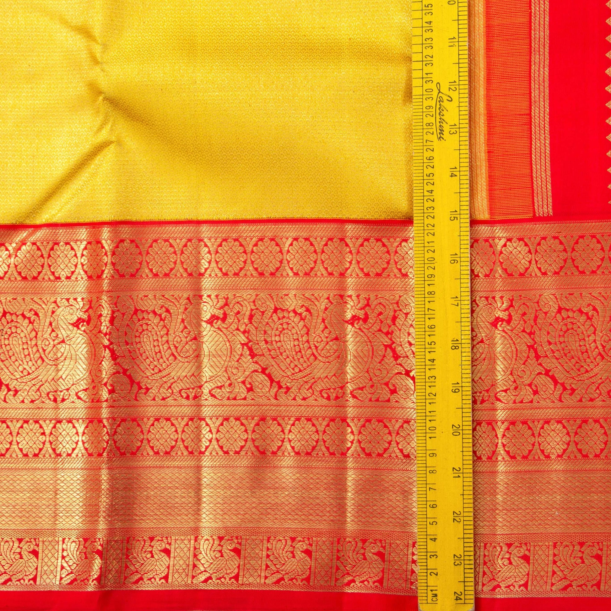 Yellow And Red Kanchipuram Silk Saree With Long Border Handwoven Pure Silk For Wedding Wear PV NYC 1138 - Silk Sari - Panjavarnam PV NYC 1138