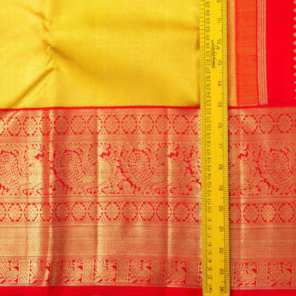 Yellow And Red Kanchipuram Silk Saree With Long Border Handwoven Pure Silk For Wedding Wear PV NYC 1138 - Silk Sari - Panjavarnam PV NYC 1138