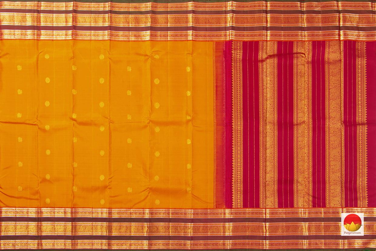Yellow And Red Kanchipuram Silk Saree With Medium Border Handwoven Pure Silk For Festive Wear PV J 14 A - Silk Sari - Panjavarnam