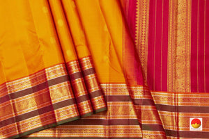 Yellow And Red Kanchipuram Silk Saree With Medium Border Handwoven Pure Silk For Festive Wear PV J 14 A - Silk Sari - Panjavarnam PV J 14 A