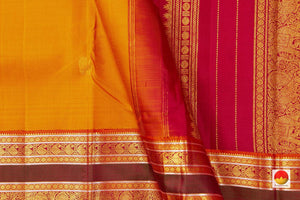 Yellow And Red Kanchipuram Silk Saree With Medium Border Handwoven Pure Silk For Festive Wear PV J 14 A - Silk Sari - Panjavarnam PV J 14 A