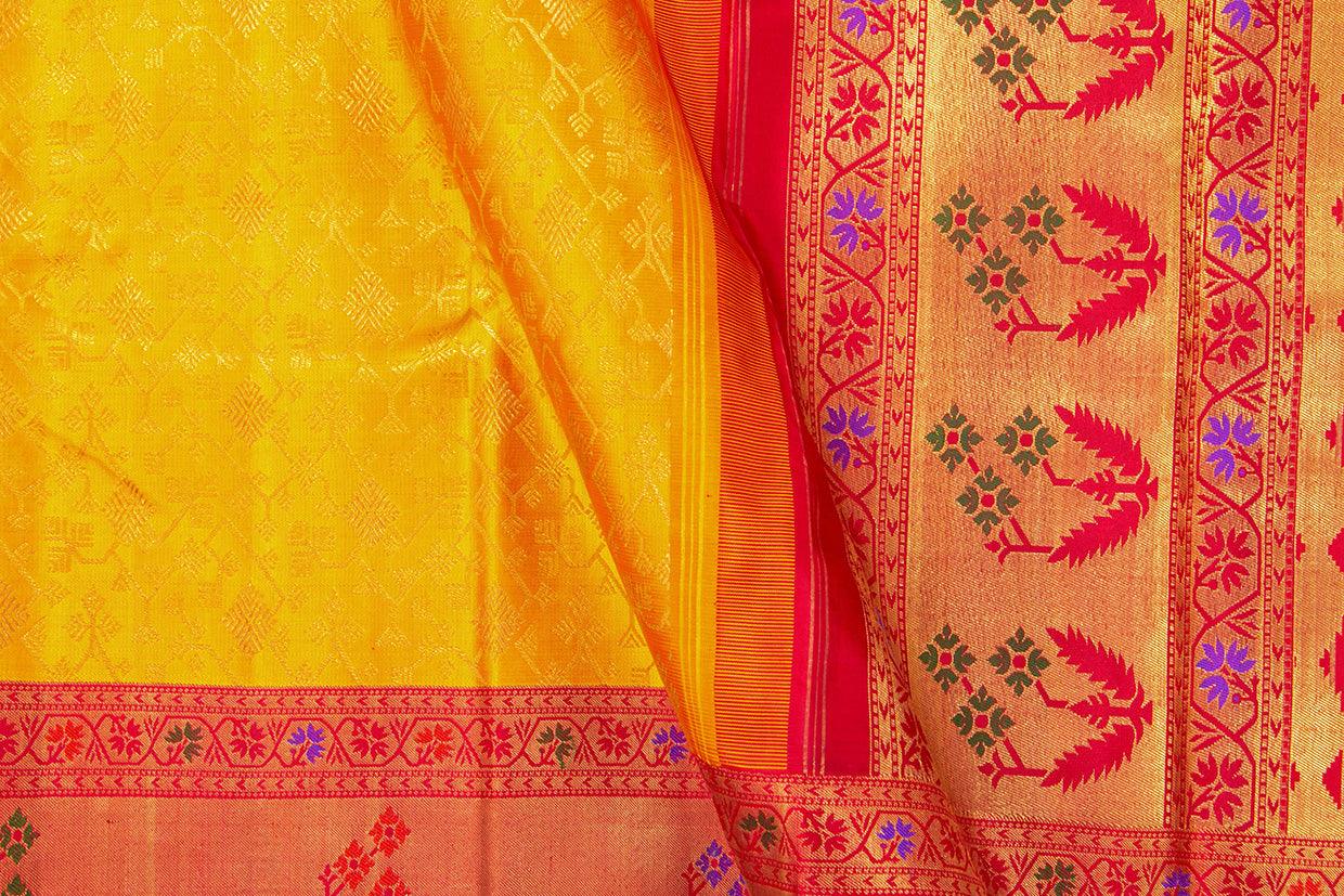 Yellow And Red Kanchipuram Silk Saree With Paithani Style Border Handwoven Pure Silk For Wedding Wear PV NYC 988 - Silk Sari - Panjavarnam