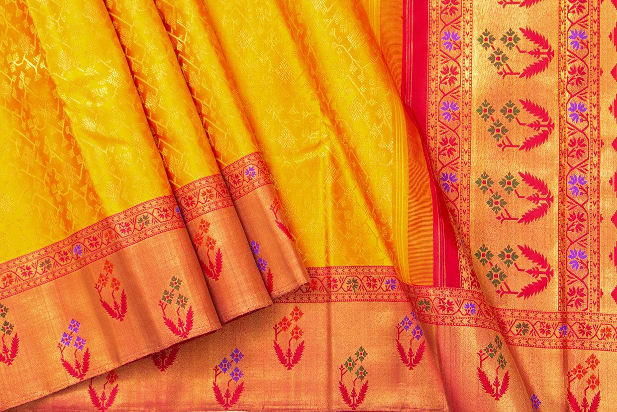 Yellow And Red Kanchipuram Silk Saree With Paithani Style Border Handwoven Pure Silk For Wedding Wear PV NYC 988 - Silk Sari - Panjavarnam PV NYC 988